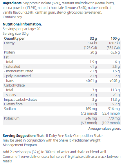 Shake It Dairy Free Chocolate Flavour 640g- Metagenics